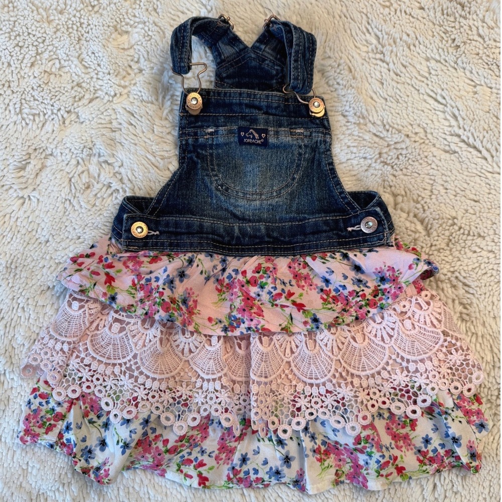 Jordache Vintage Girls Denim Floral Lace Ruffle Overall Dress 2T Dark Wash